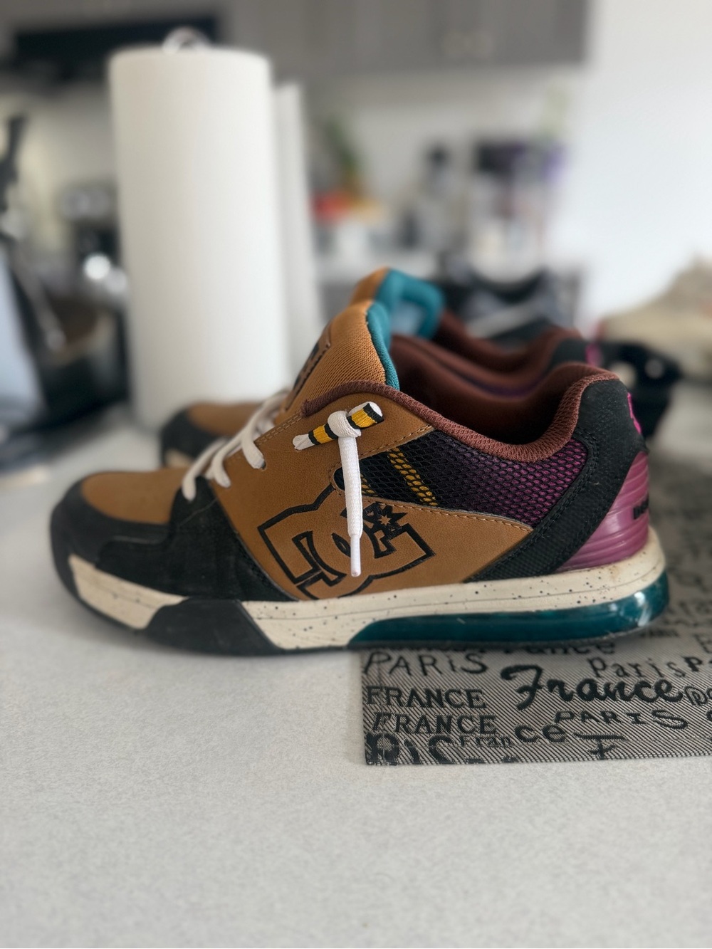 DC Multicolor Low-Top Skate Shoes in Brown, Black, Teal, Purple